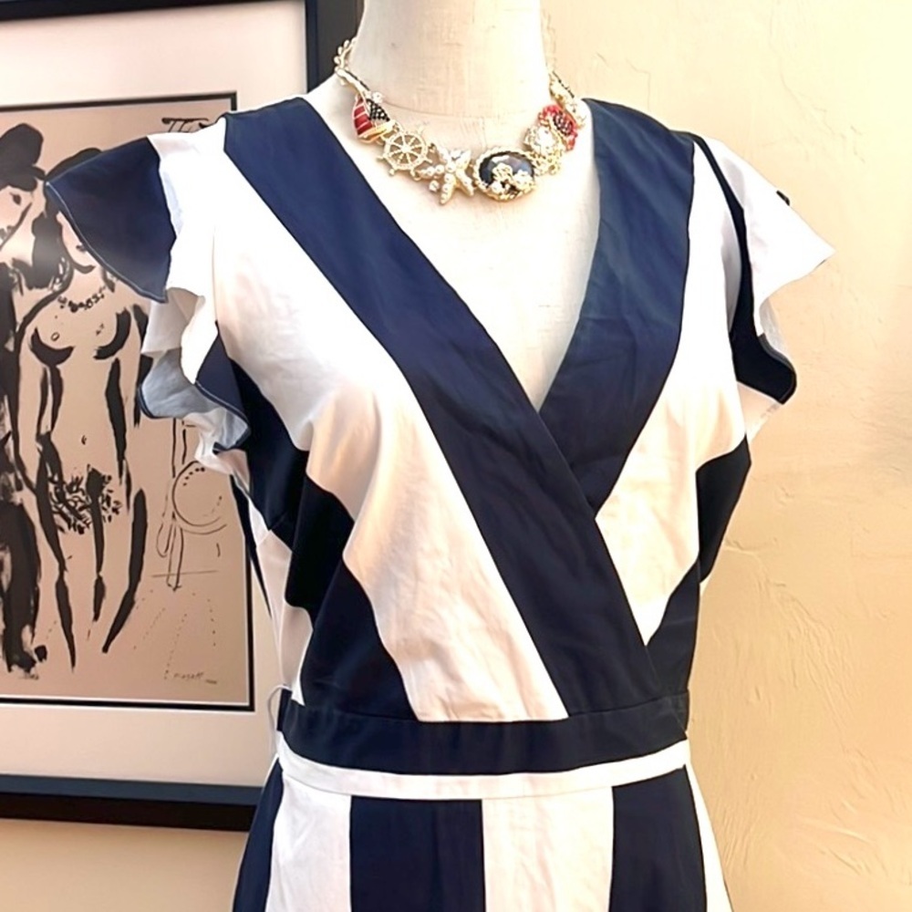 New York & Co.,YachtWear Navy/White Striped Flounce Dress,Flutter Sleeves,Size S - Picture 7 of 9